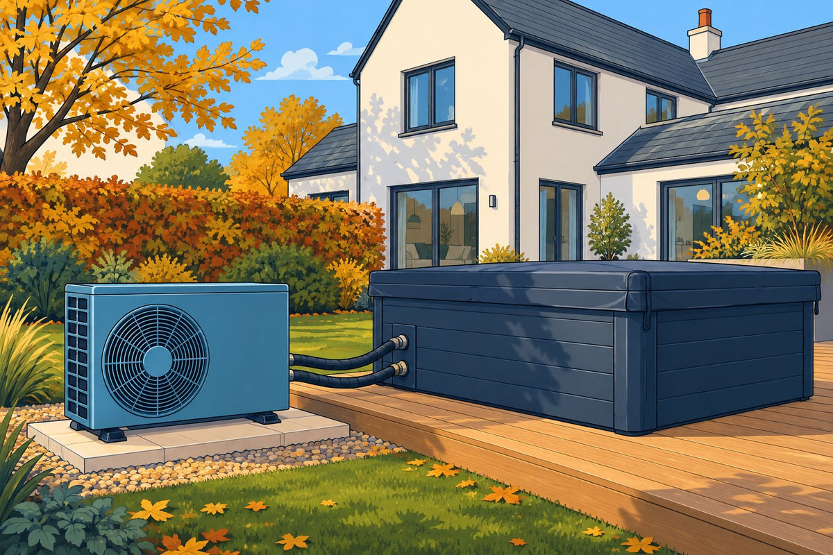 Editorial illustration of an external heat pump connected to a covered hot tub in an autumn British garden