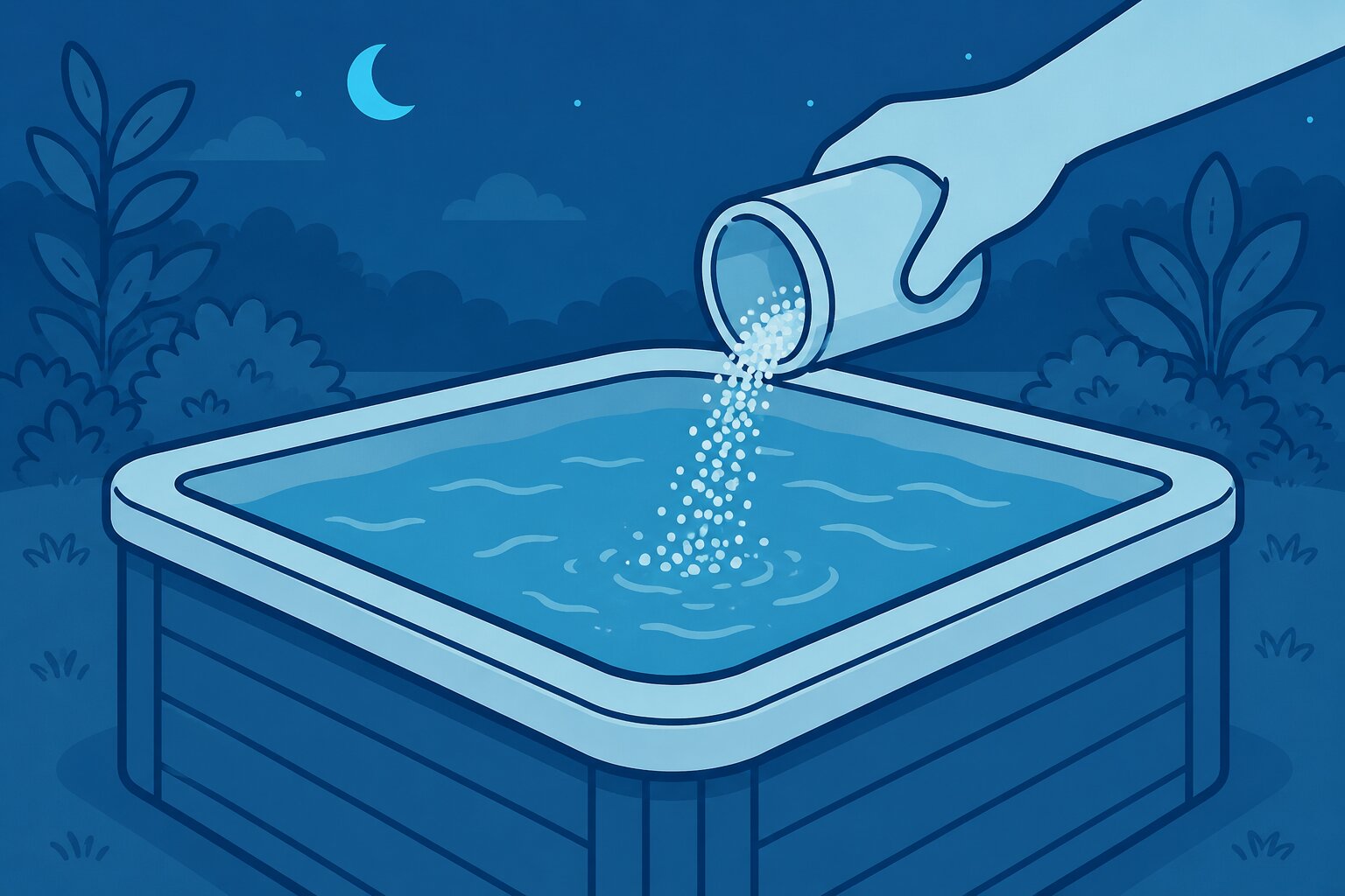 Graphic of a hot tub with chlorine or bromine being poured into it