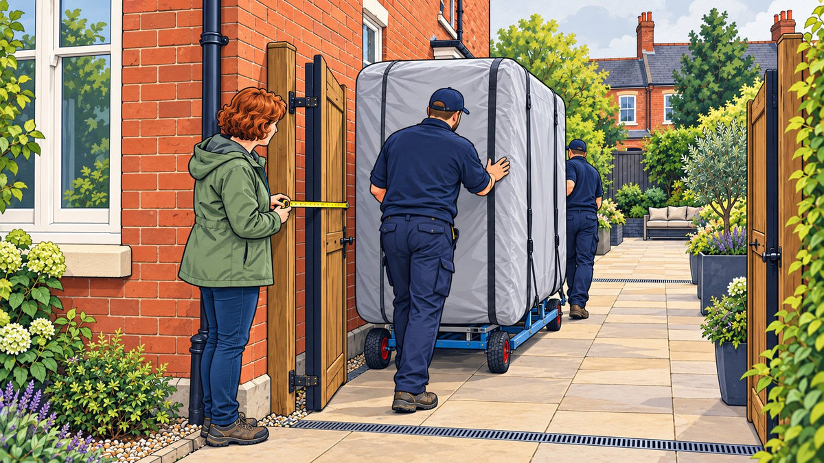 Hot tub delivery team moving a wrapped spa through a UK garden gate