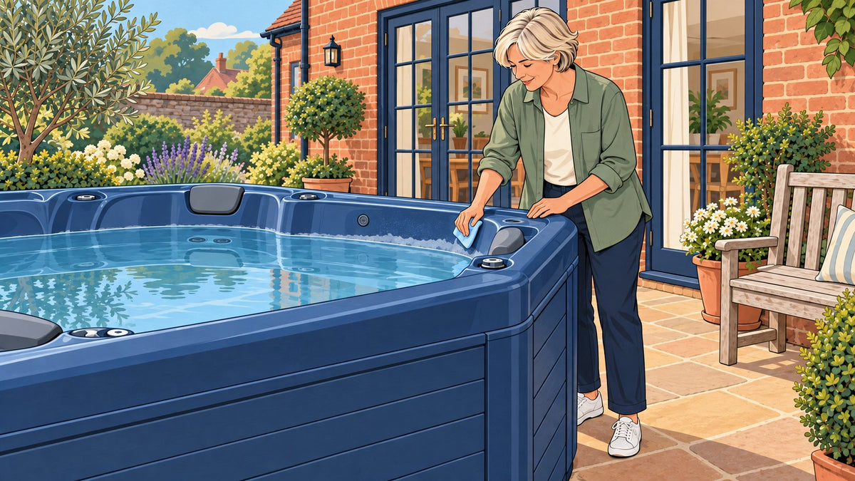 Woman inspecting a pale limescale mark around a hot tub waterline