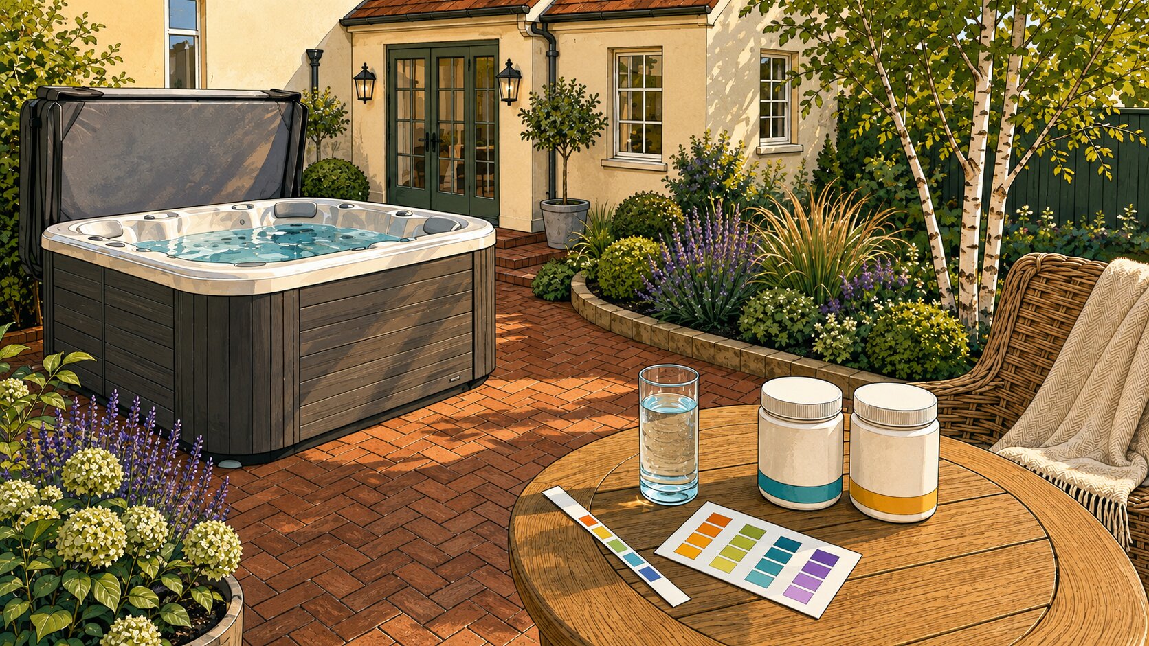 Hot tub water testing kit beside a spa in a British garden