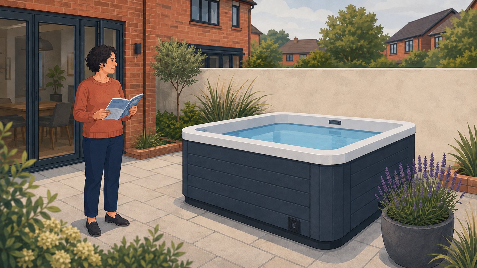 Editorial cartoon of a woman reading a hot tub manual beside a switched-off hot tub on a UK patio
