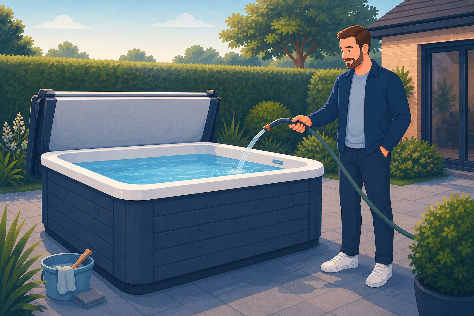Editorial cartoon of a homeowner refilling a clean hot tub with a garden hose in a UK garden