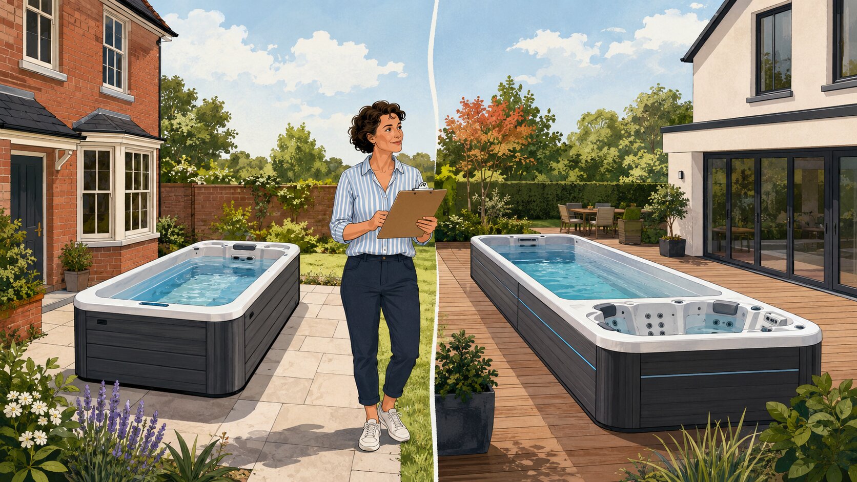 Editorial cartoon of a woman comparing compact, medium and dual-zone swim spa layouts in a UK garden