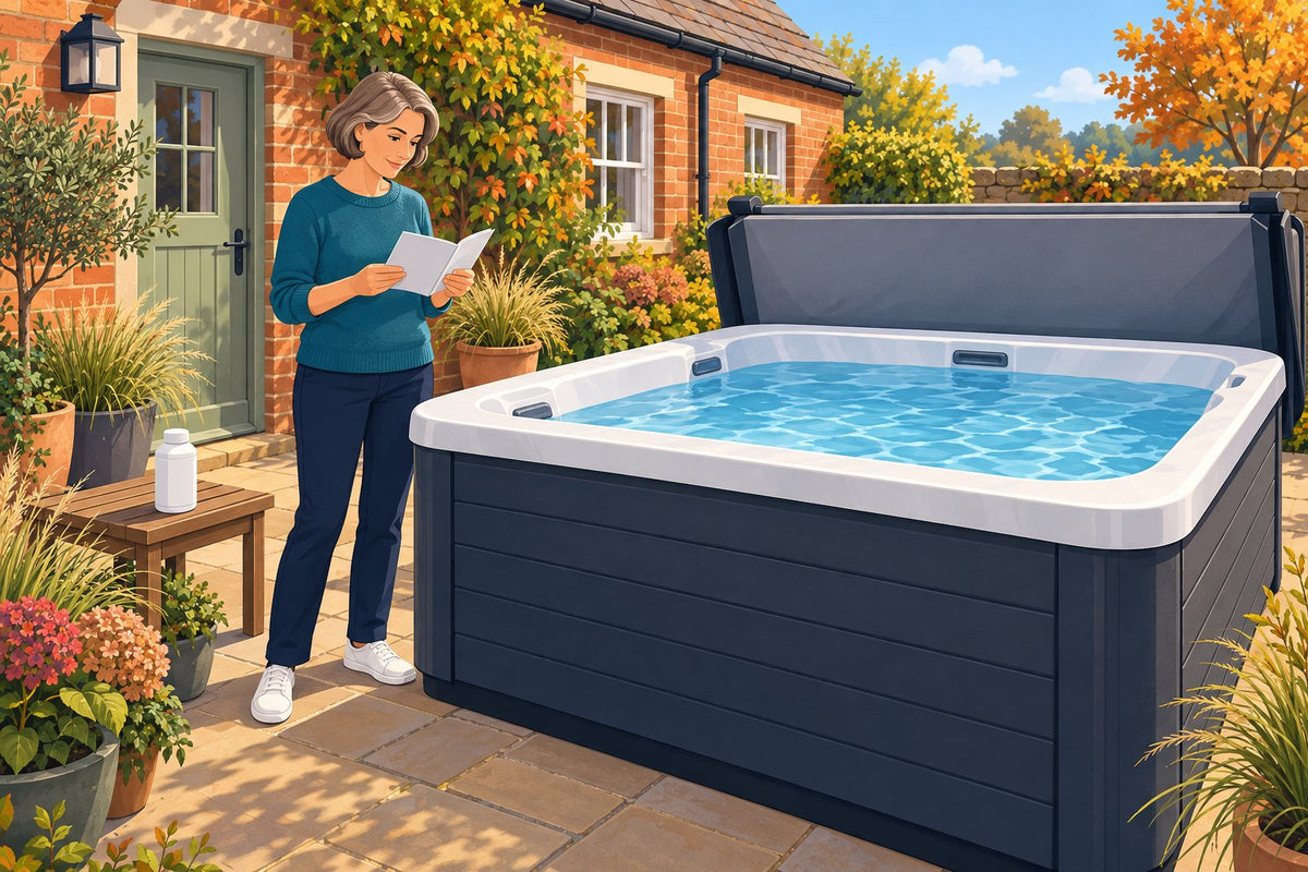 Editorial illustration of a woman reading cleaning instructions beside a hot tub in an autumn UK cottage garden