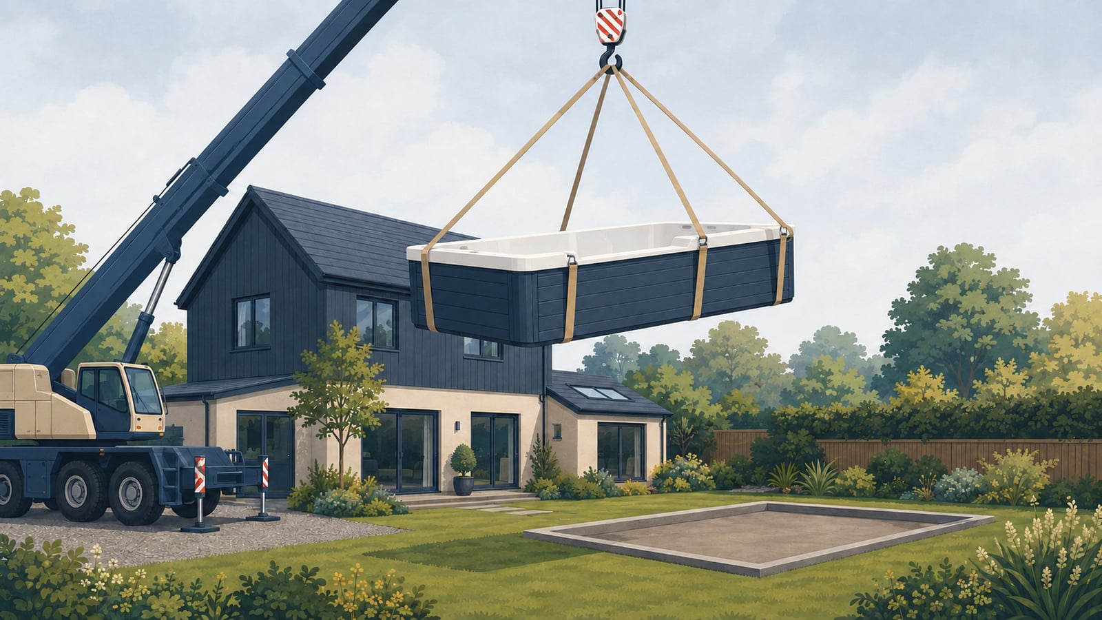 Editorial cartoon of a swim spa being lifted by crane towards a prepared base in a UK garden