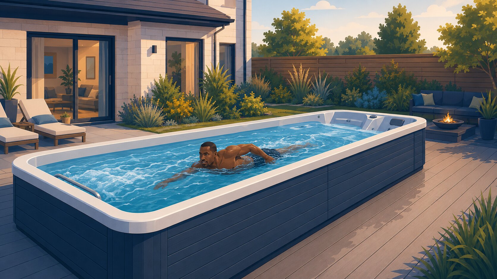 Editorial cartoon of a man swimming against the current in a long swim spa on a modern UK garden deck