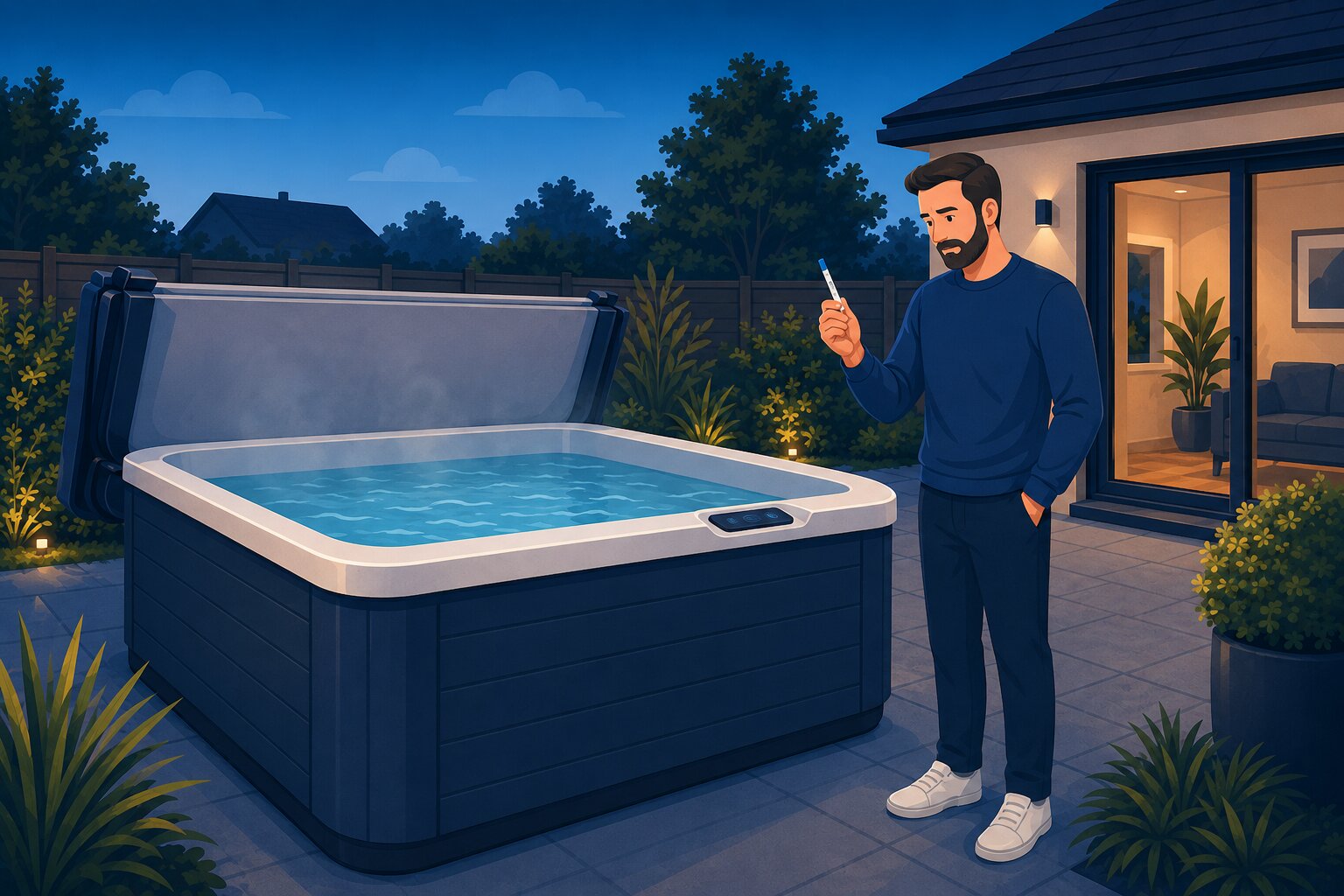 Graphic of a man checking the temperature of his hot tub water