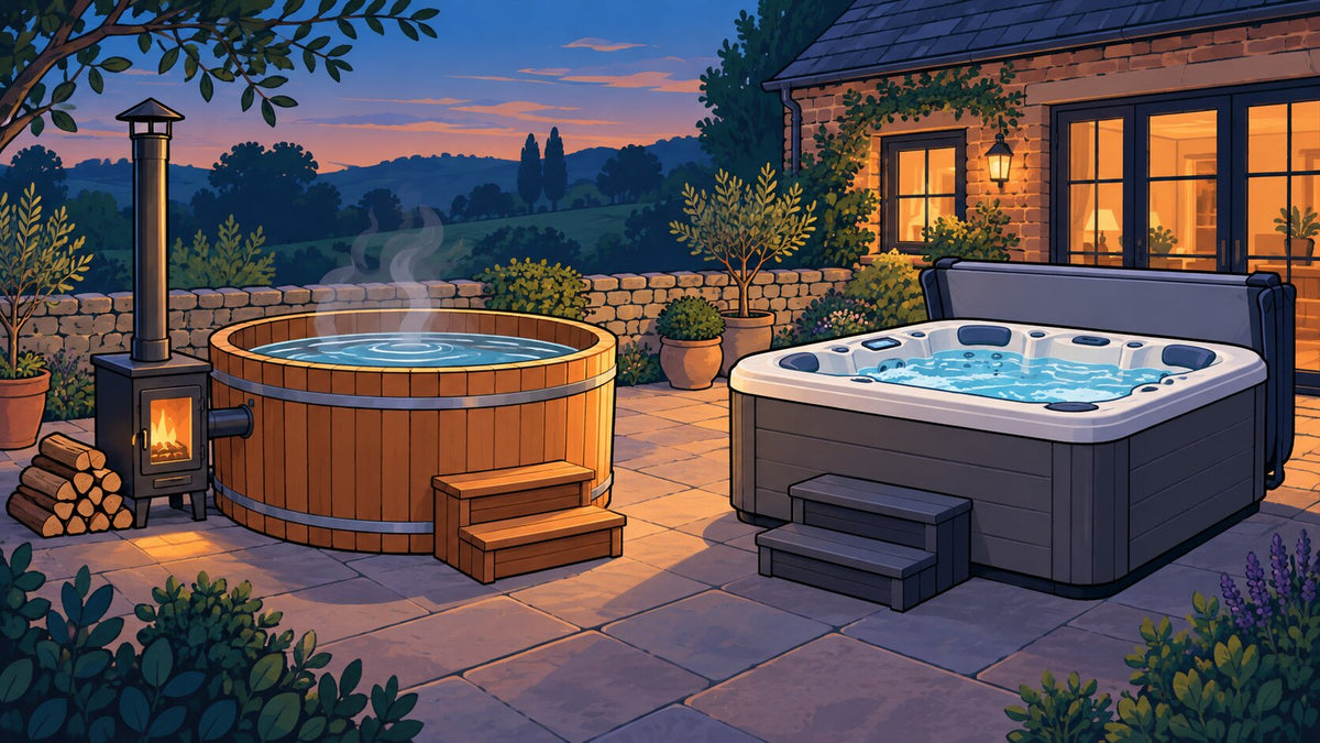Editorial illustration comparing a traditional wood-fired soaking tub and a modern electric hot tub in a UK garden at dusk
