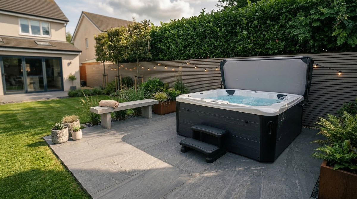 Hot tub with 2 loungers on a patio in a suburban British garden