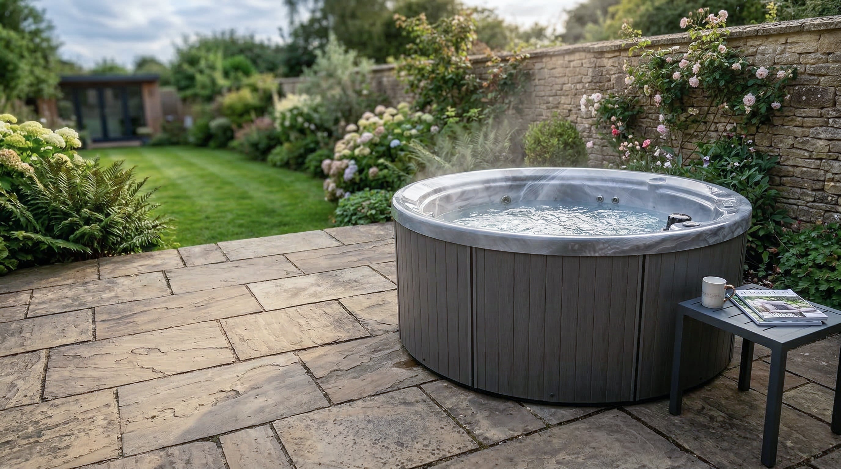 Outdoor round hot tub in a garden setting with a stone wall and greenery.