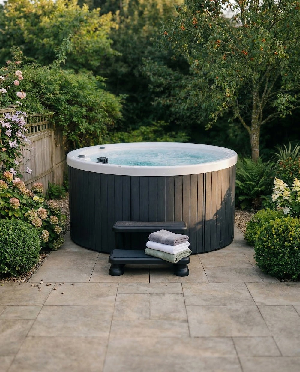 Round hot tub on a patio in a garden
