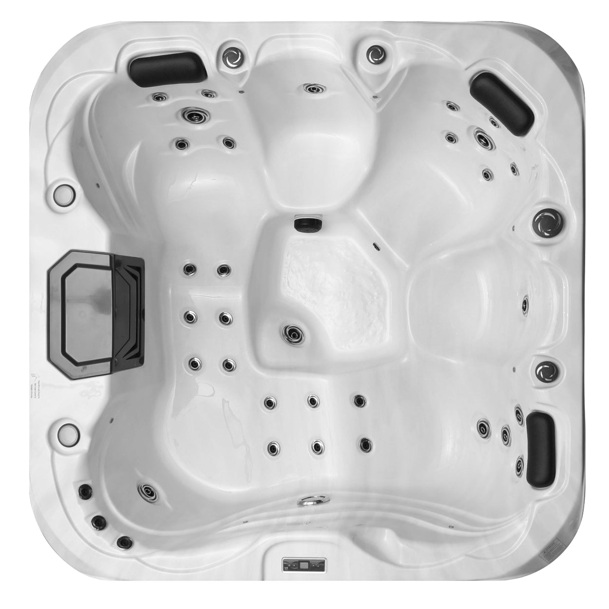 Top view of a white hot tub with multiple jets on a white background