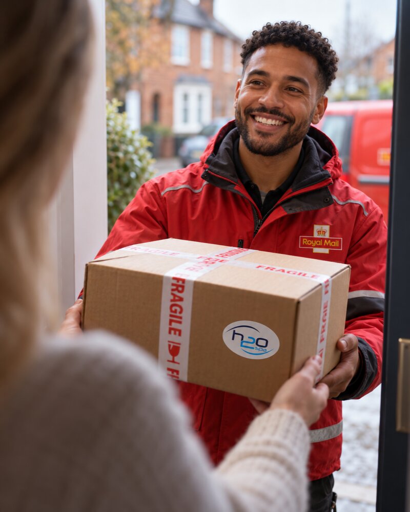 Parcel being delivered by a Royal Mail delivery driver