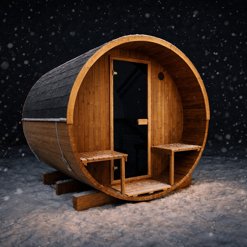 Barrel 210 outdoor sauna in a garden