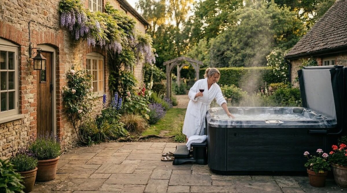 Woman in a robe testing a premium hot tub