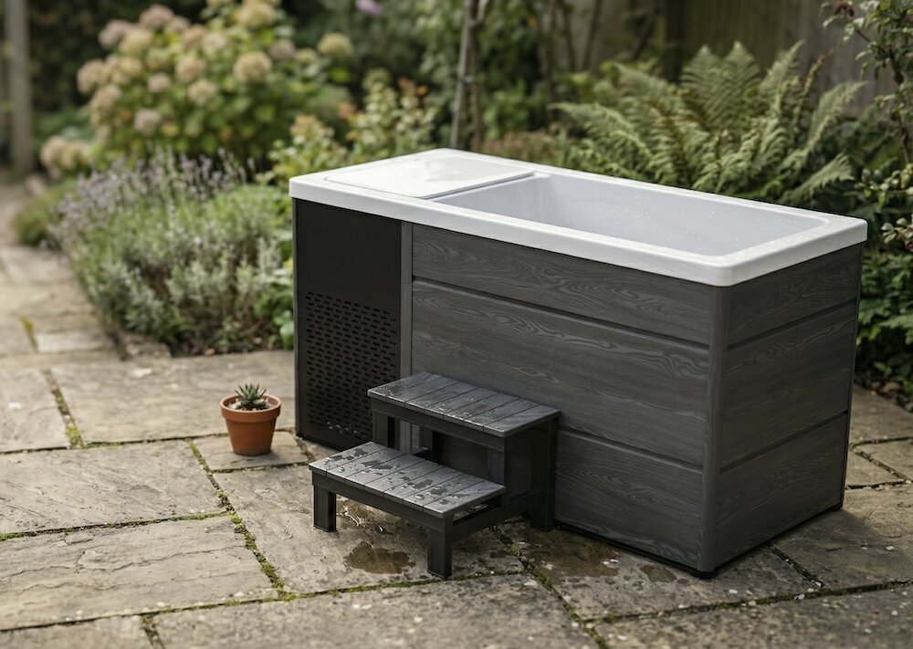 Ice bath on a patio in a Uk garden