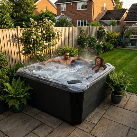 Two people in a hot tub in a garden with a house in the background