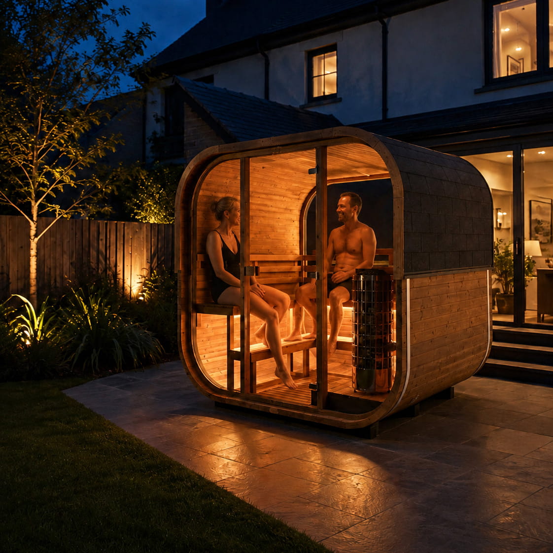 Couple sat in a garden sauna