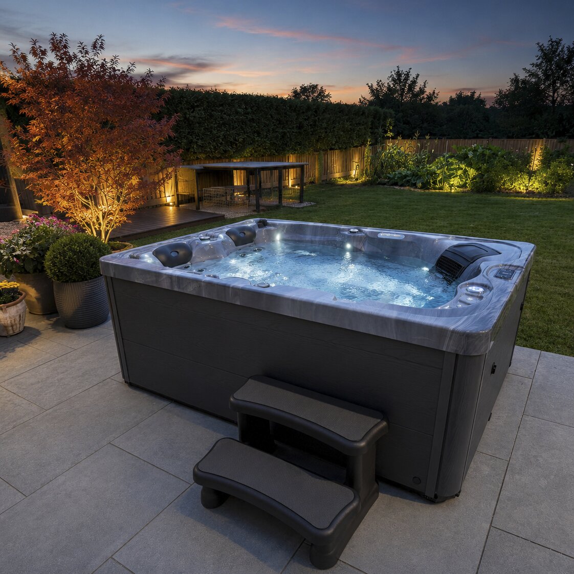 An outdoor hot tub with bubbling blue water sits on a paved backyard patio at dusk, with a two-step stair, grassy lawn, trees, and illuminated landscaping in the background.