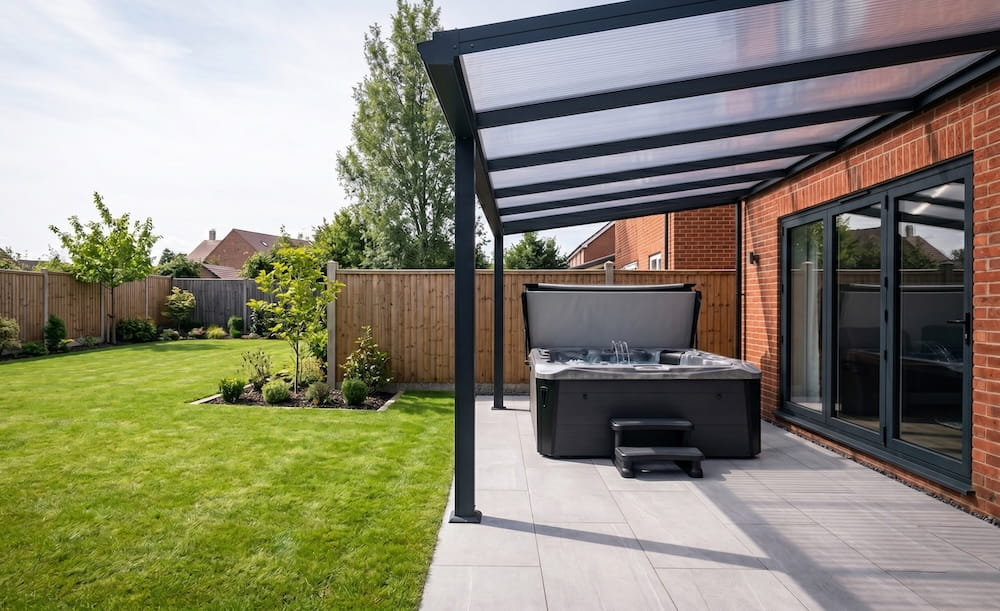 Hot tub in a garden on a patio