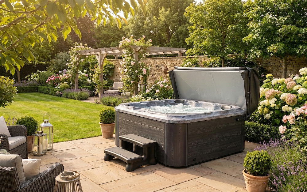 Hot tub on a patio in a beautiful garden
