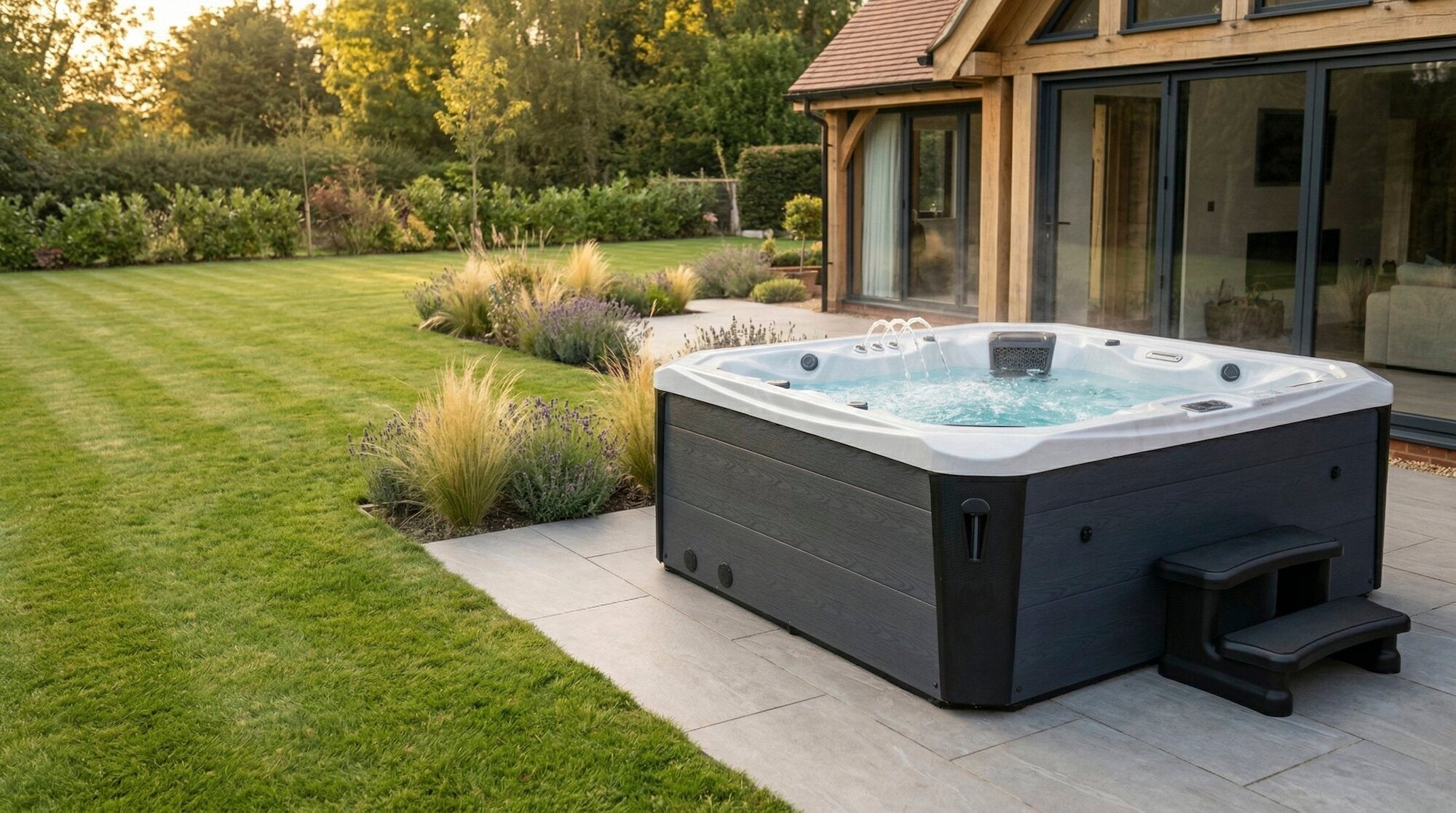 Outdoor hot tub for sale on a patio in a garden
