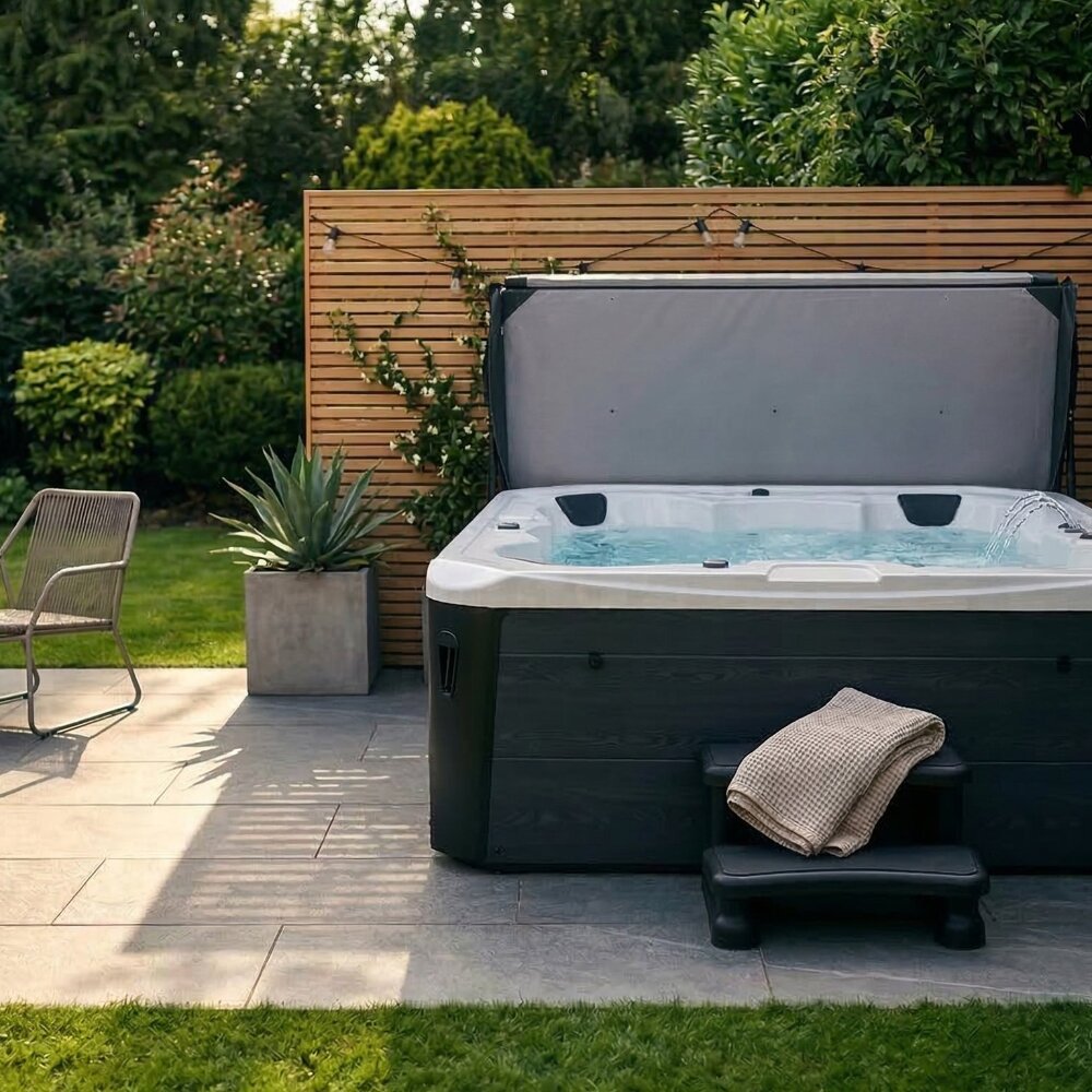 hot tub on patio in a garden