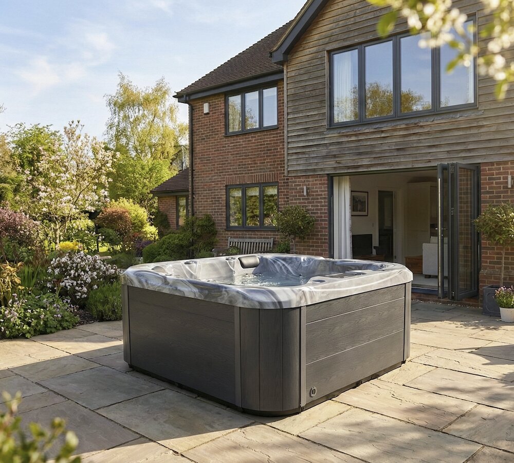 hot tub for sale in a garden setting on a summer's day