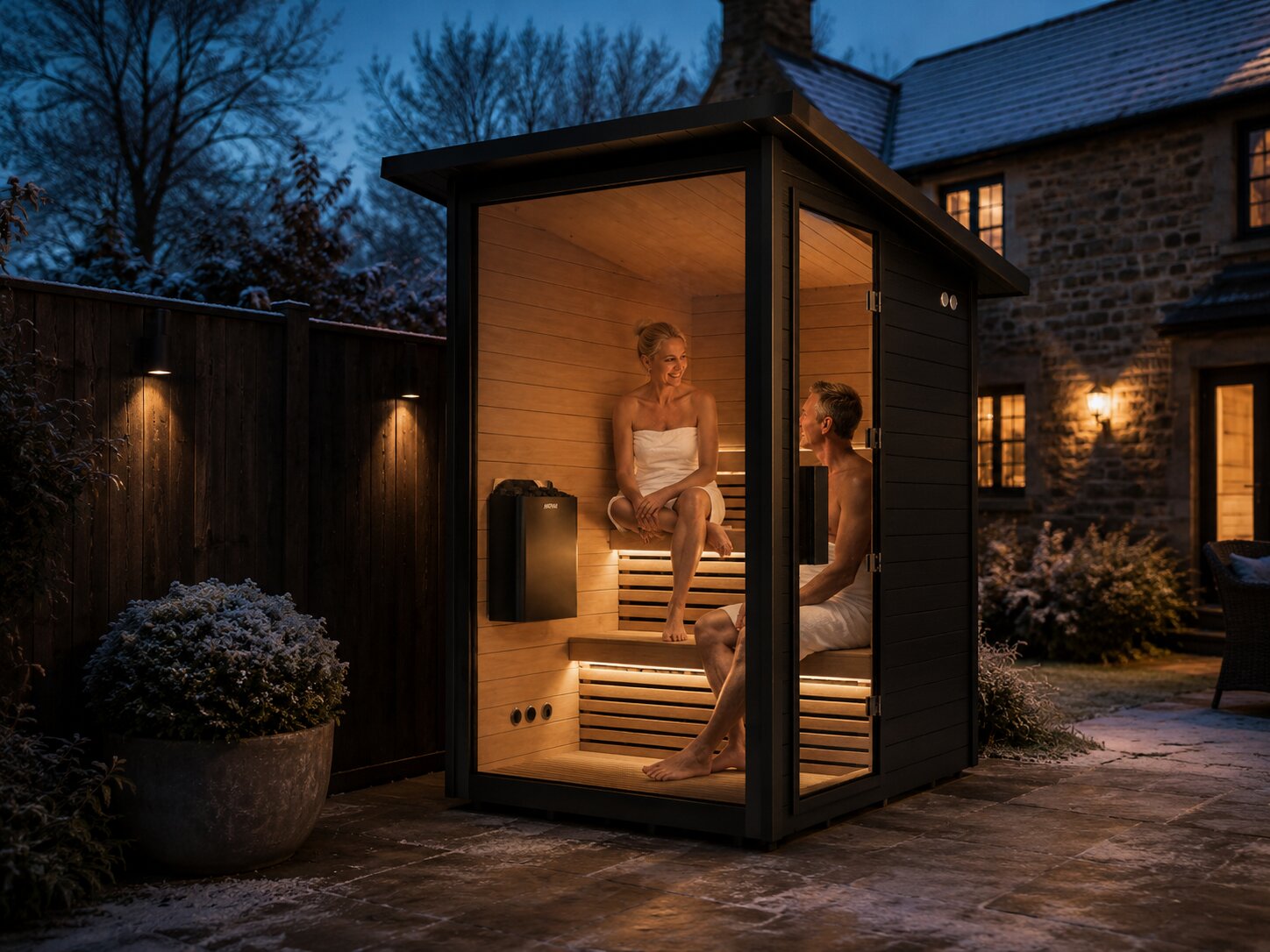 Couple enjoying a cabin sauna