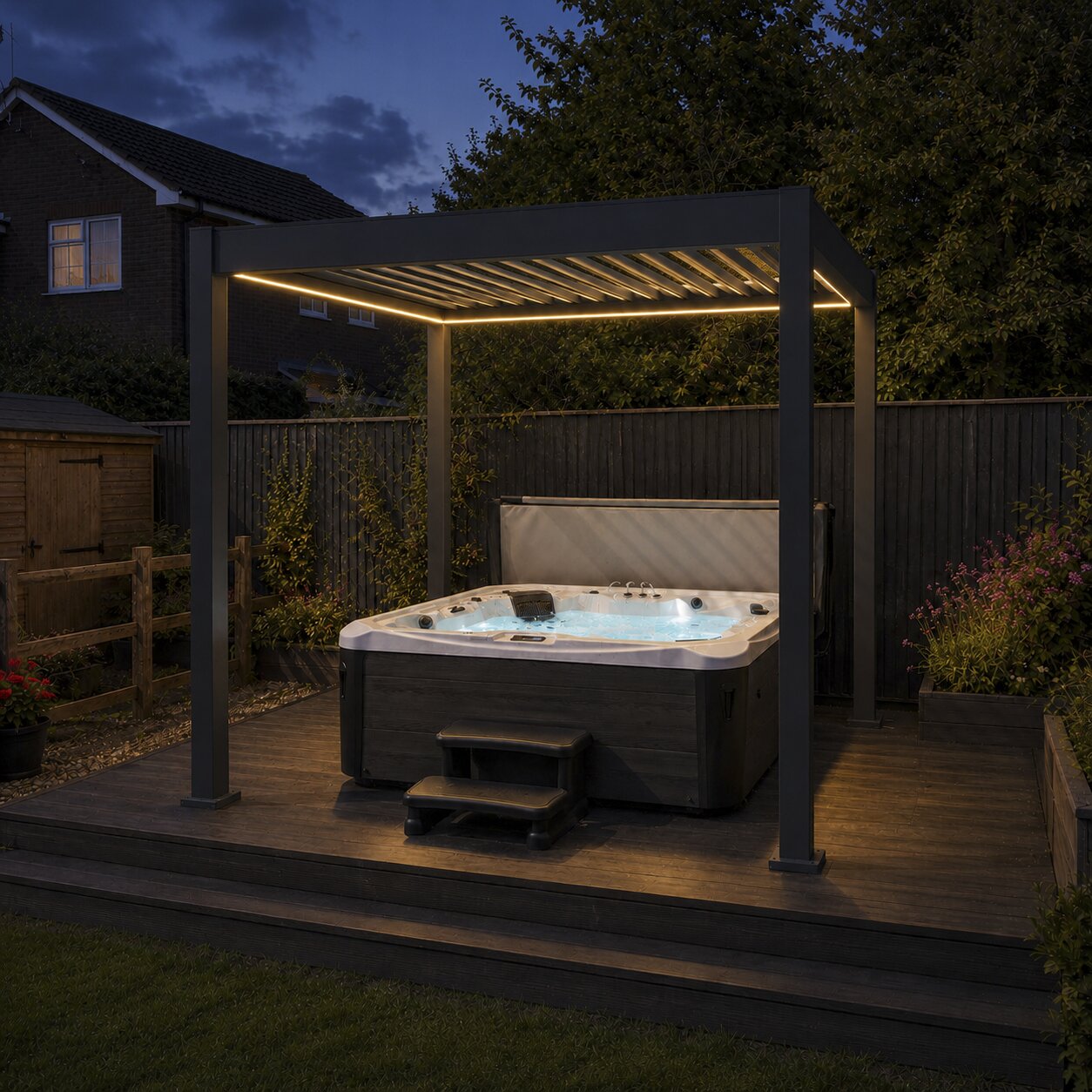 Hot tub under a pergola at night time in a back garden