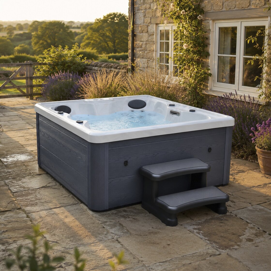 Pure Bliss hot tub on patio at golden hour