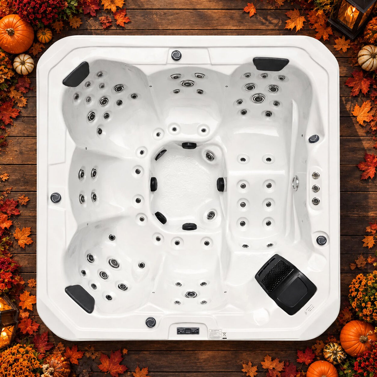 Retreat Bay XL hot tub with autumnal decoration