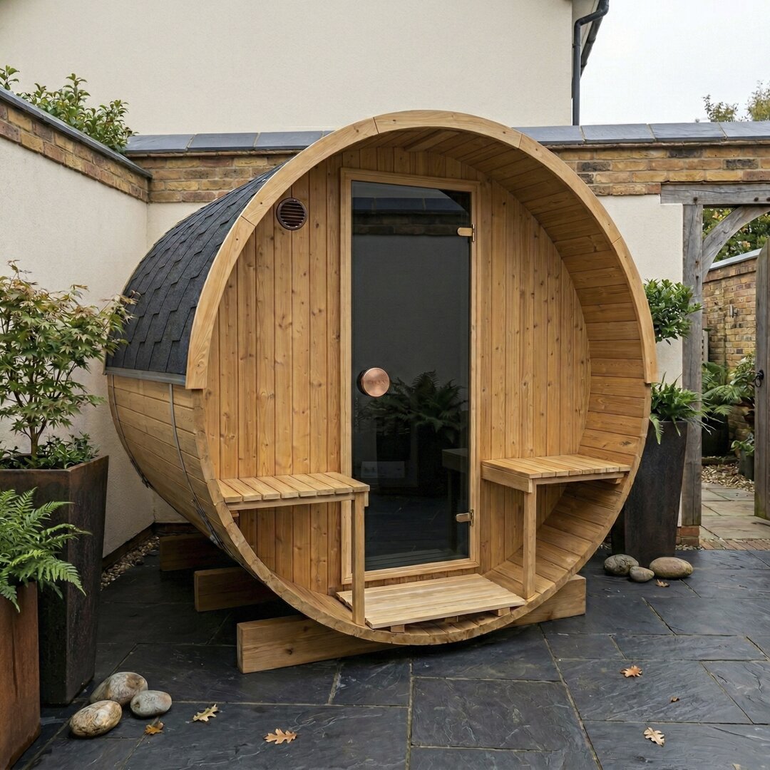 Barrel 210 outdoor sauna in a garden