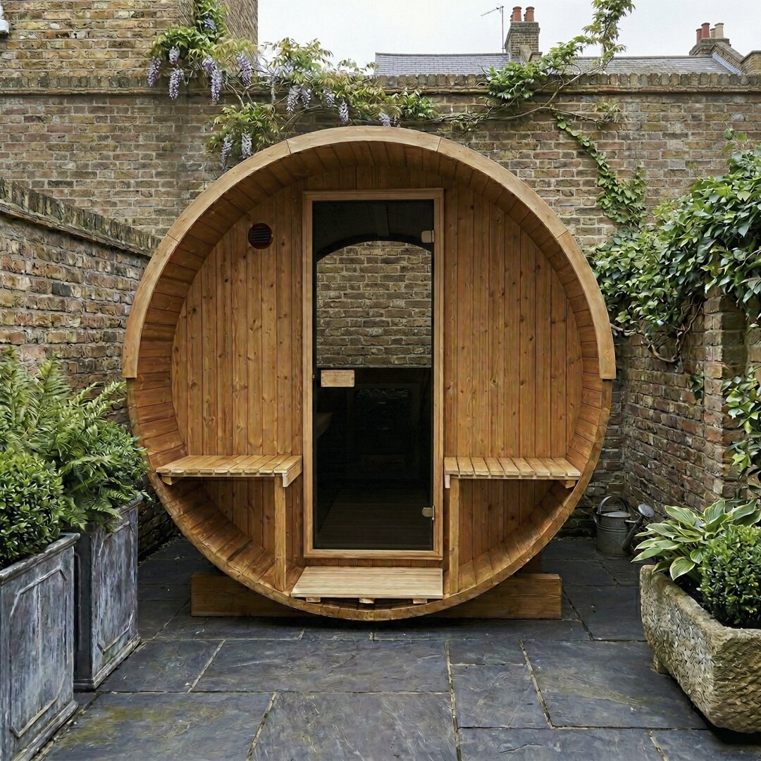 Barrel 210 outdoor sauna in a garden