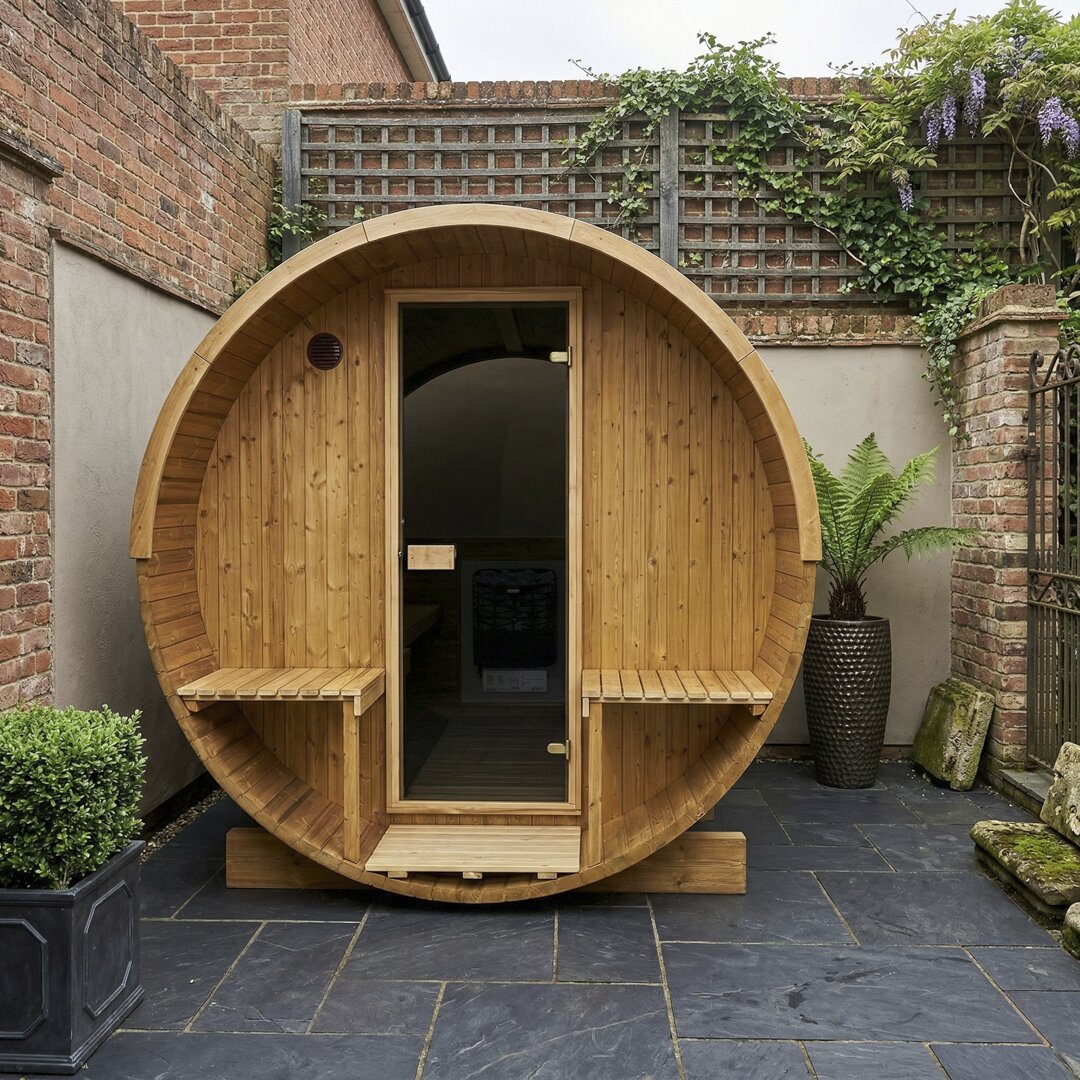 Barrel 210 outdoor sauna in a garden