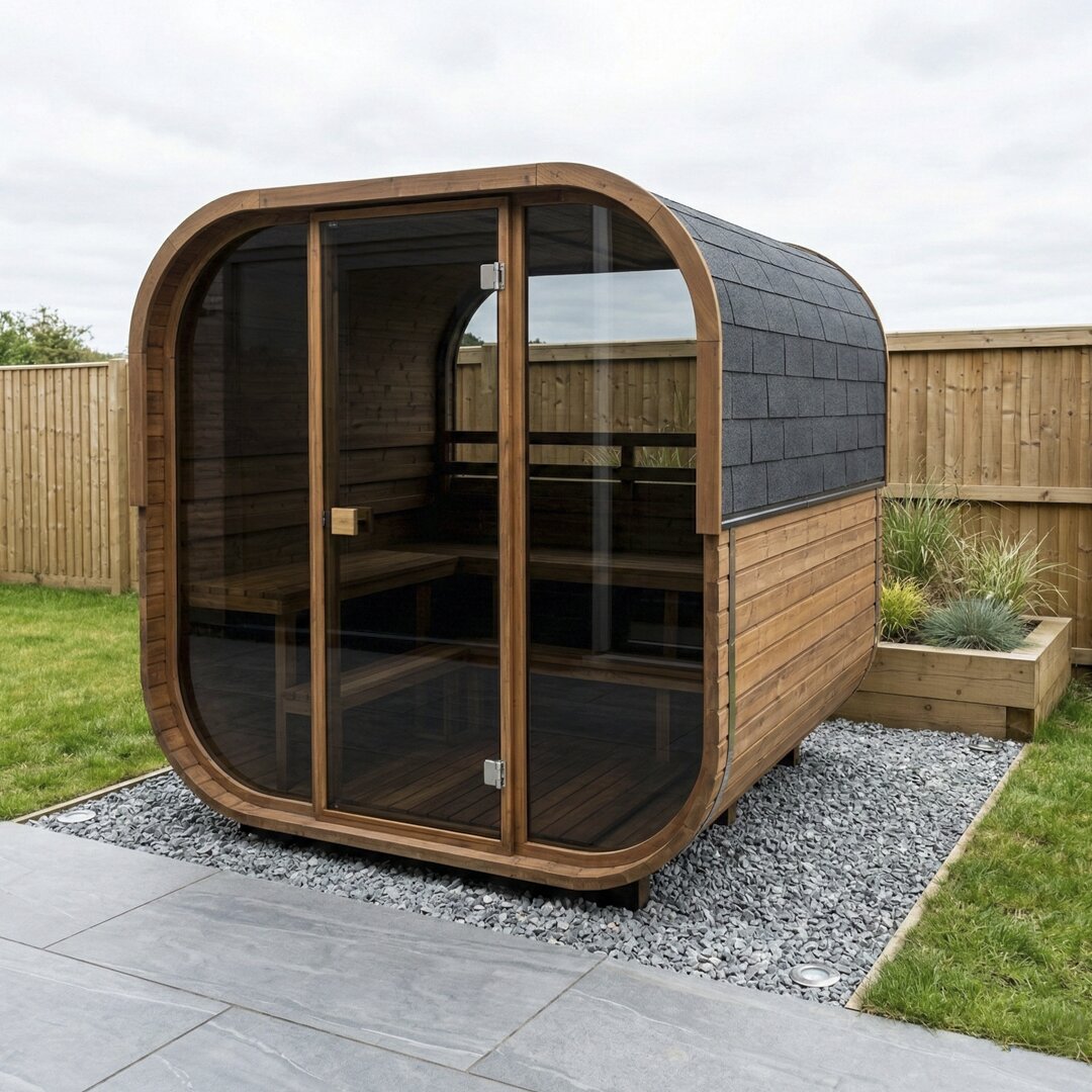 Cube 210 outdoor sauna in a garden