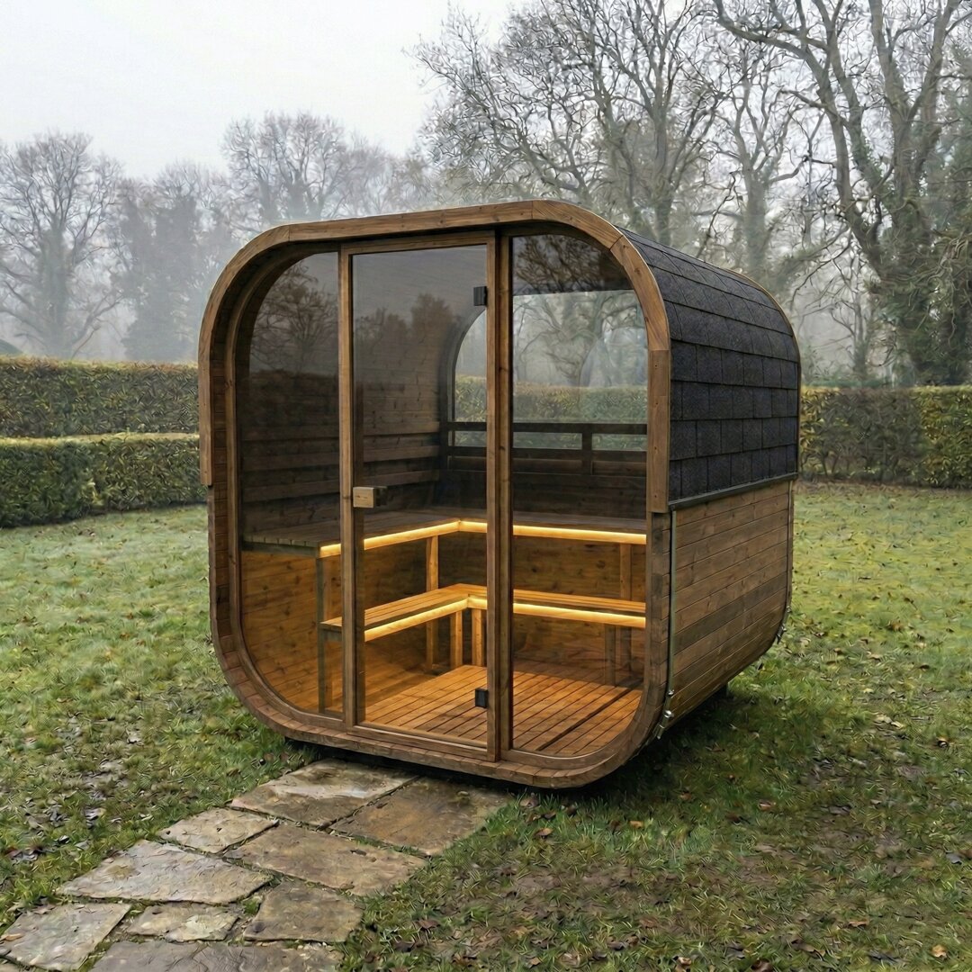 Cube 250 outdoor sauna in a garden