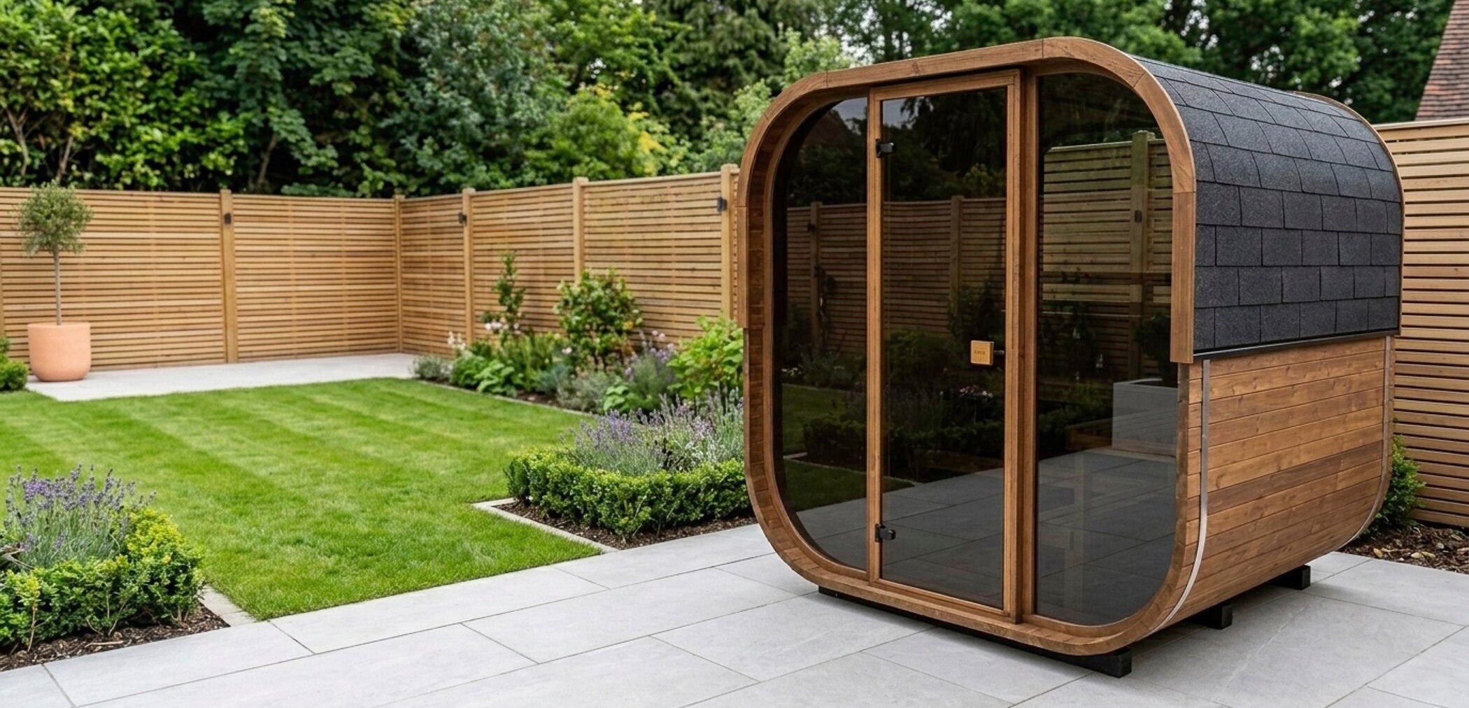 outdoor sauna for sale with glass panels in a garden setting