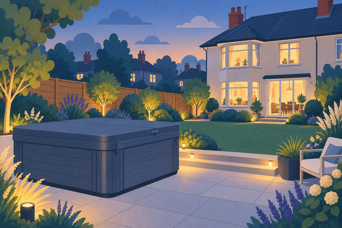Editorial illustration of a securely covered hot tub on a quiet paved terrace at dusk, set apart from a UK house
