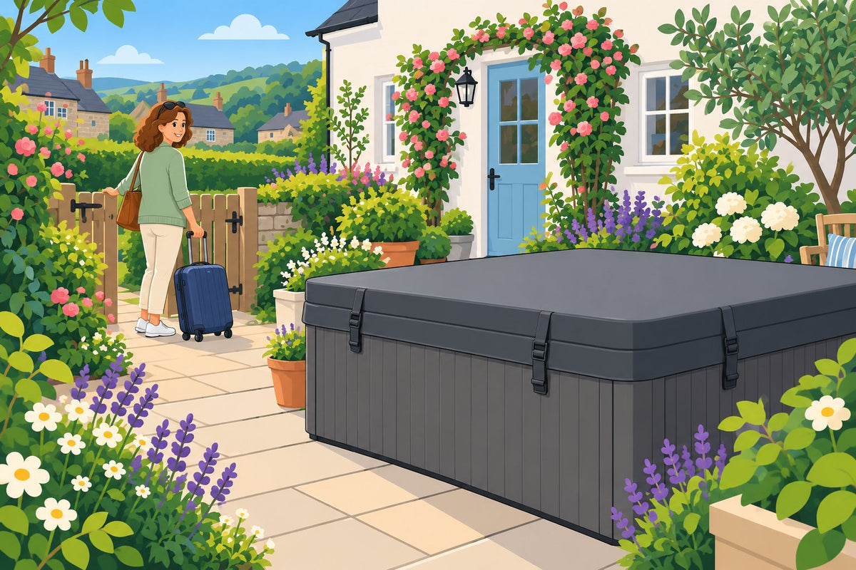 Editorial illustration of a woman leaving with a suitcase beside a securely covered hot tub in a UK cottage garden