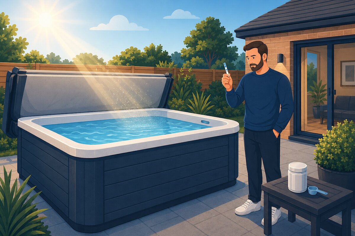 graphic of a man checking his hot tub chlorine level