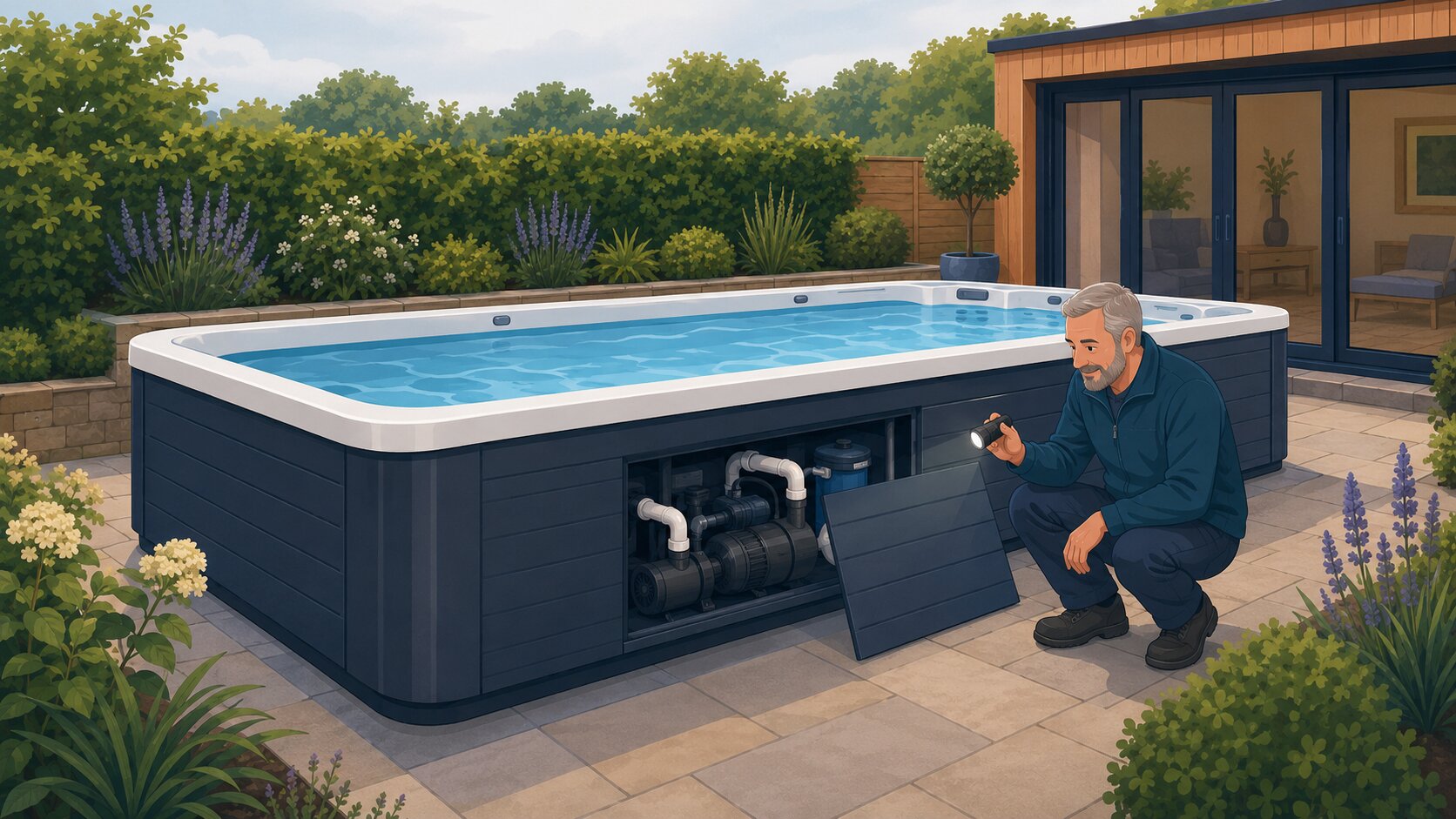 Editorial cartoon of an engineer inspecting the accessible equipment area of a swim spa in a UK garden