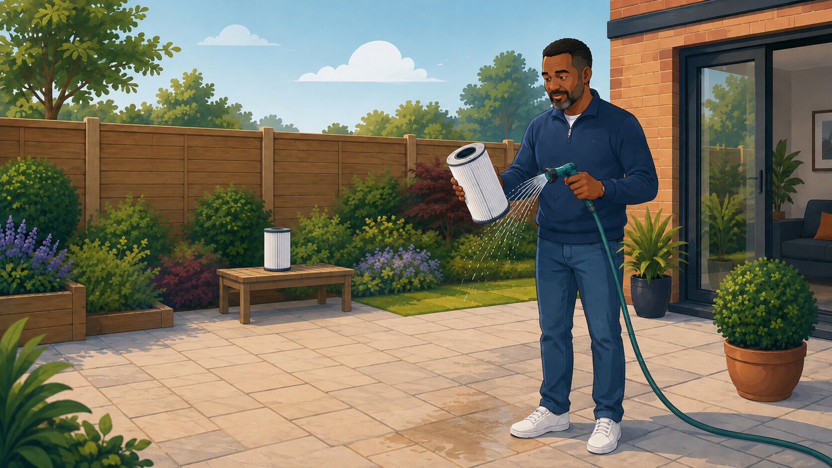 A man rinsing a pleated hot tub filter with a hosepipe beside a clean spare filter