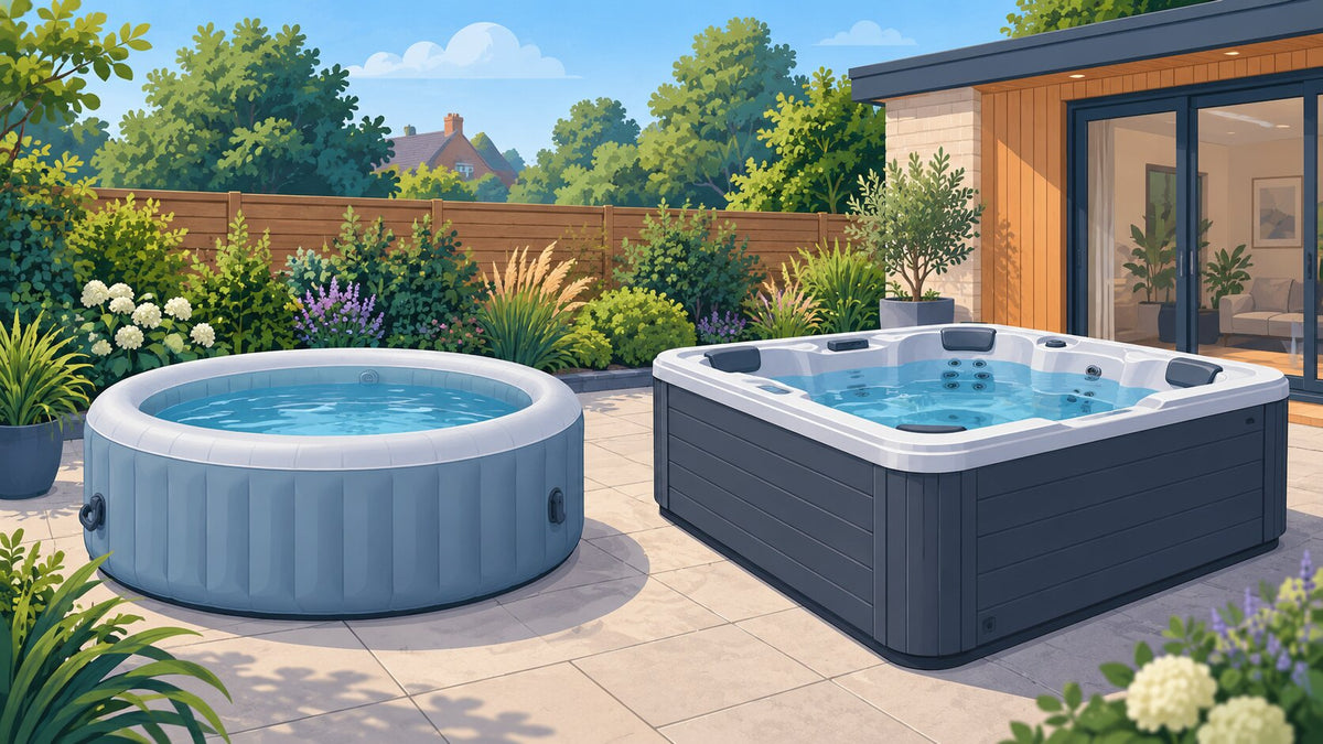 Illustration of an inflatable hot tub beside a hard-shell spa in a UK garden