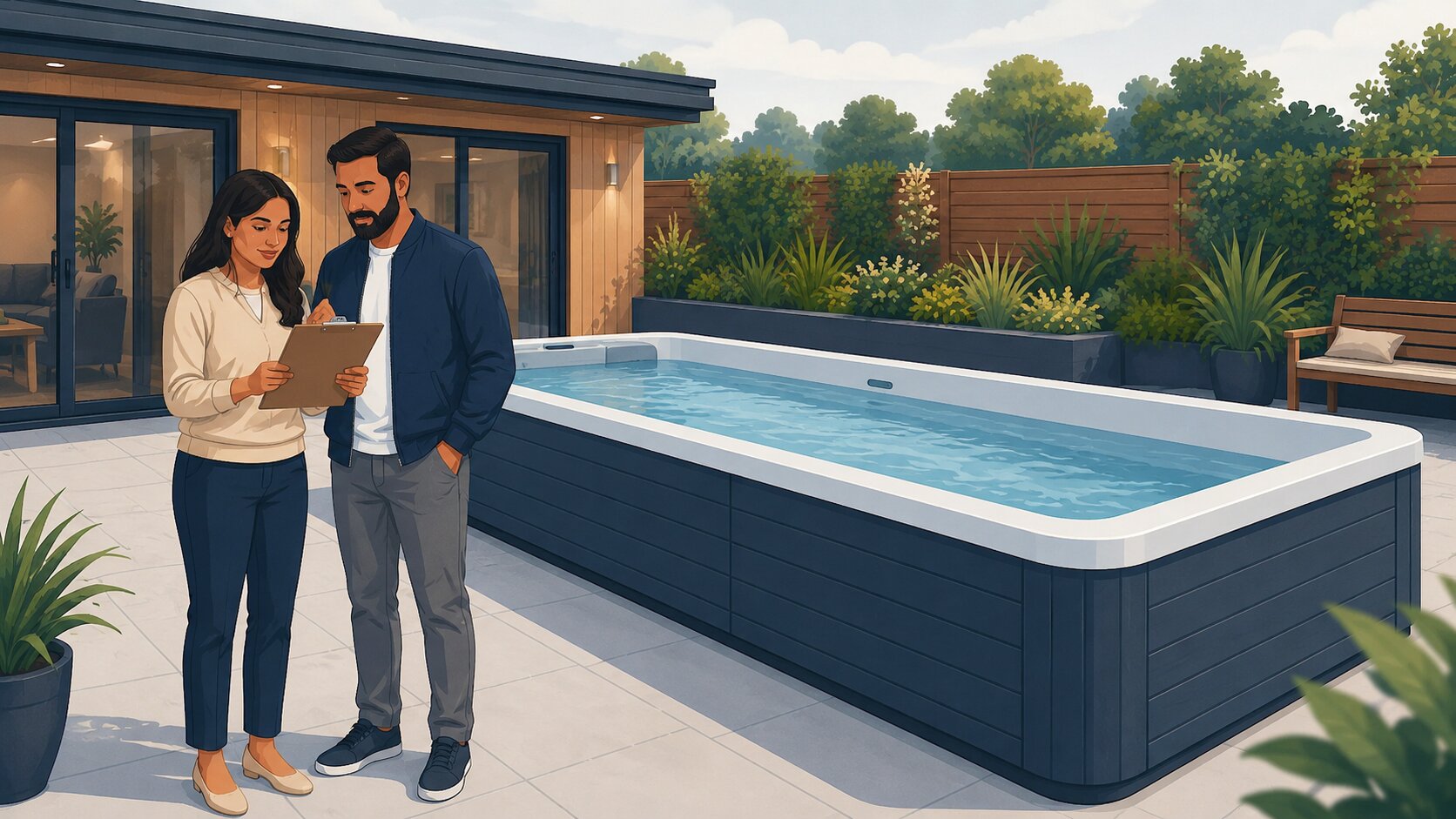 Editorial cartoon of a couple reviewing the cost of a swim spa installation in a UK garden