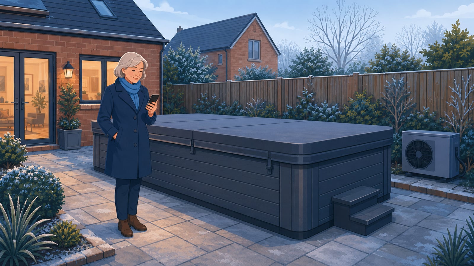 Editorial cartoon of a woman checking household energy use beside a covered swim spa in a sheltered UK garden