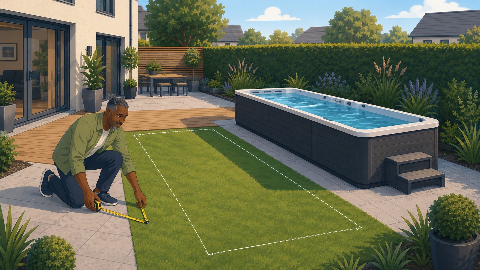 Editorial cartoon of a homeowner measuring a swim spa footprint in a UK garden