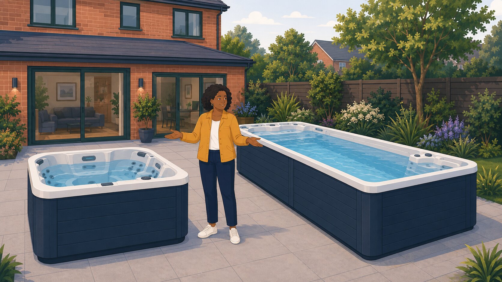 Editorial cartoon of a homeowner comparing a hot tub with a swim spa in a UK garden