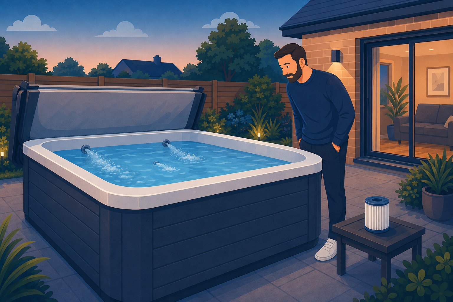 Editorial illustration of a homeowner checking weak hot tub jets beside a clean filter in a UK garden